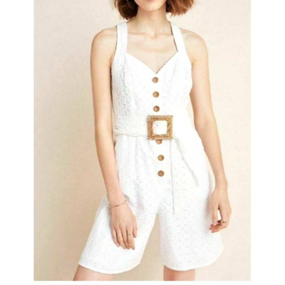 Anthropologie Women's Size 12 Eyelet Sleeveless Button-Front Romper Dress Lined